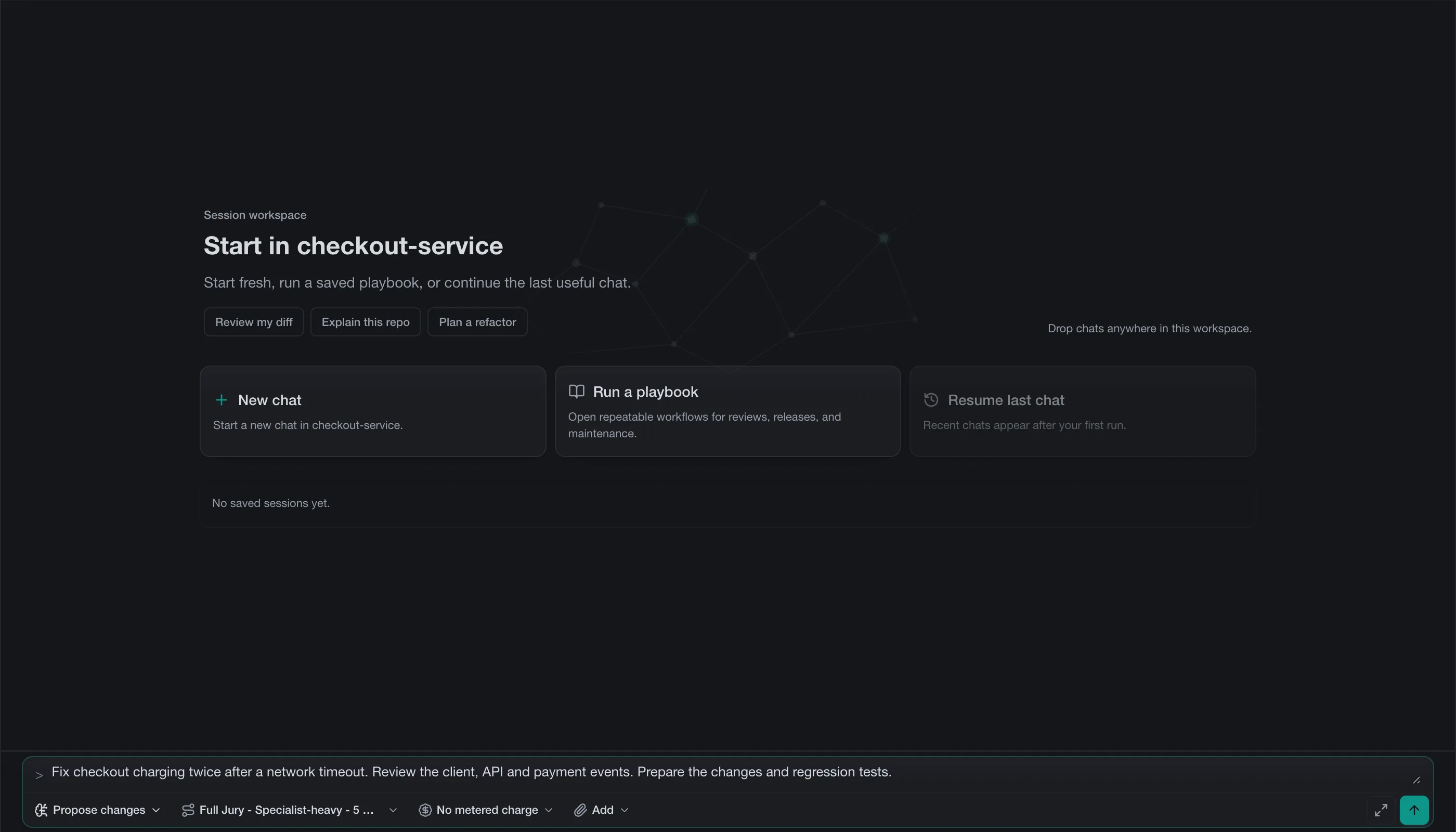 The complete Tixbrain desktop session pane for checkout-service, with the checkout retry task and Full Jury selected.