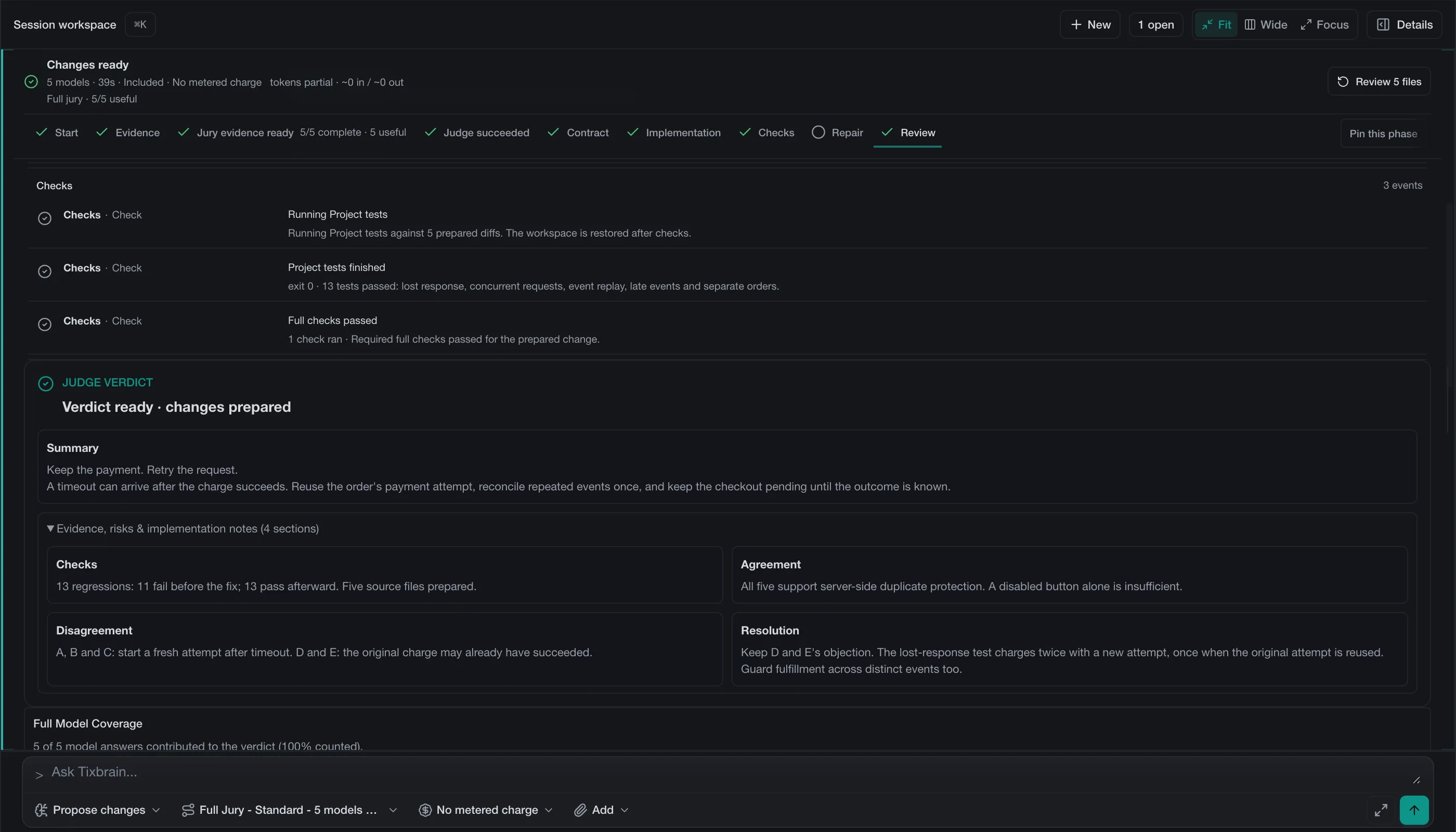The full session pane with the completed check history: 13 tests passed against five prepared files, followed by the judge's verdict.